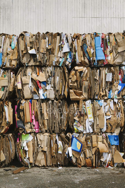 Impianto di riciclaggio con pacchi di cartone ordinati e legati per il riciclaggio . — Foto stock