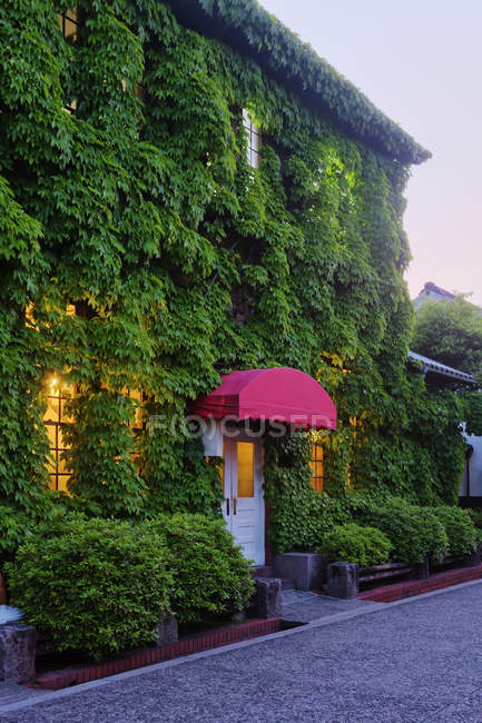 Casa coperta di piante di edera e porta, Kurashiki, Giappone — Foto stock