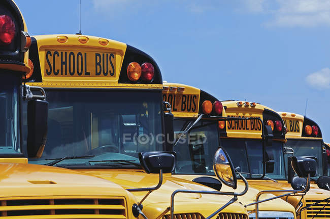 Autobuses escolares amarillos estacionados diagonalmente - foto de stock