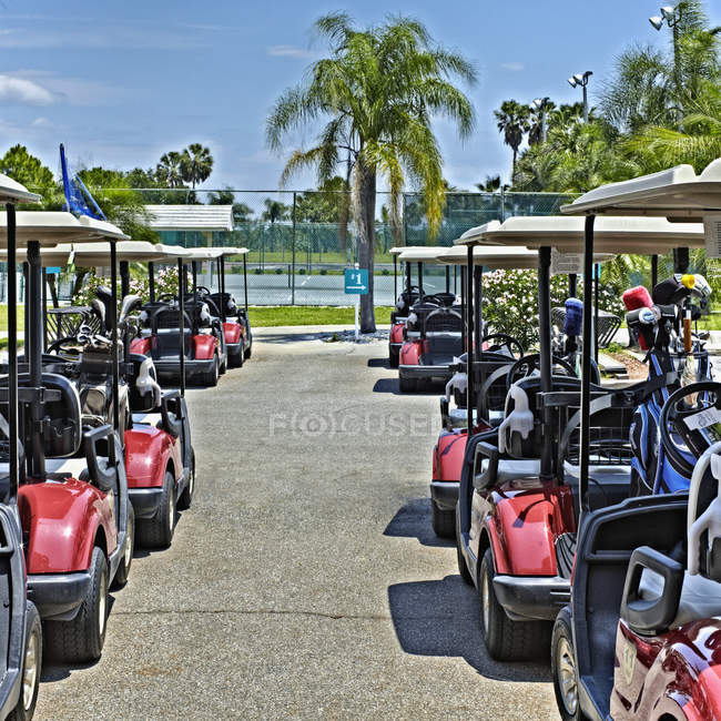 Parc de voiturettes de golf stationnées sur un terrain de golf tropical, Bradenton, Floride, États-Unis — Photo de stock