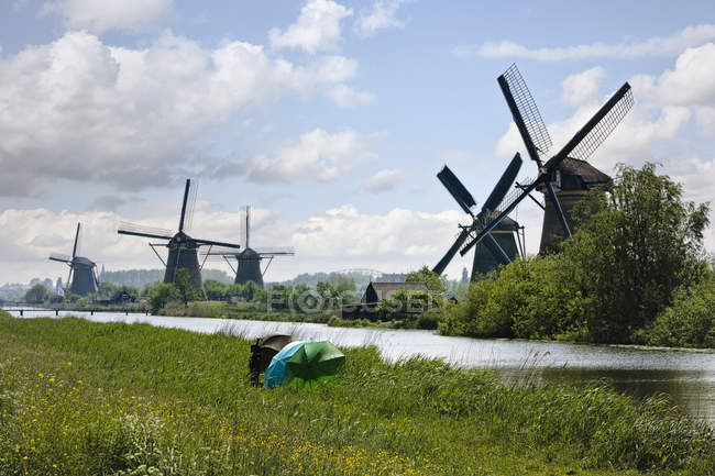 Mulini a vento sulla riva del fiume con erba verde nella campagna olandese, Kinderdijk, Paesi Bassi — Foto stock