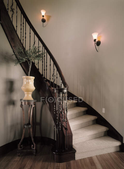 Escalier décoré, lampes murales et plantes en vase — Photo de stock