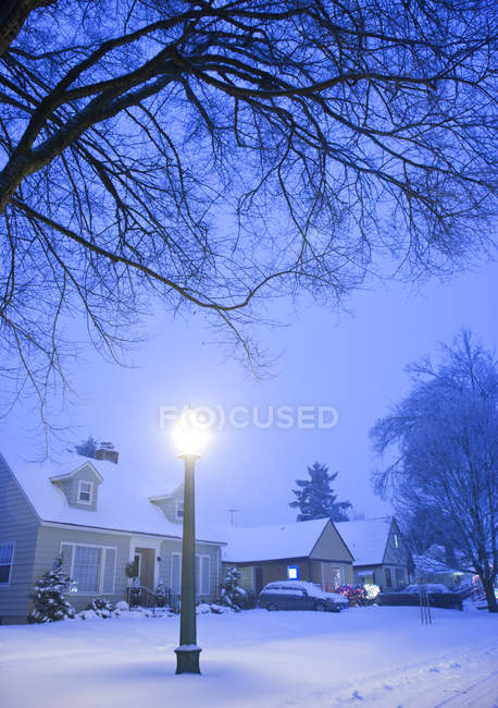 Wohnstraße mit Häusern und Autos, die im Winter mit weißem Schnee bedeckt sind, Portland, oregon, usa — Stockfoto