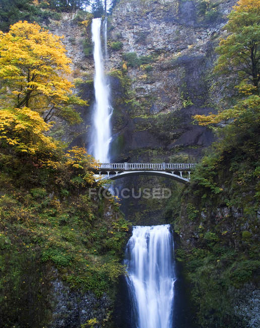 Cachoeira e Ponte em Montanhas outonais, EUA — Fotografia de Stock