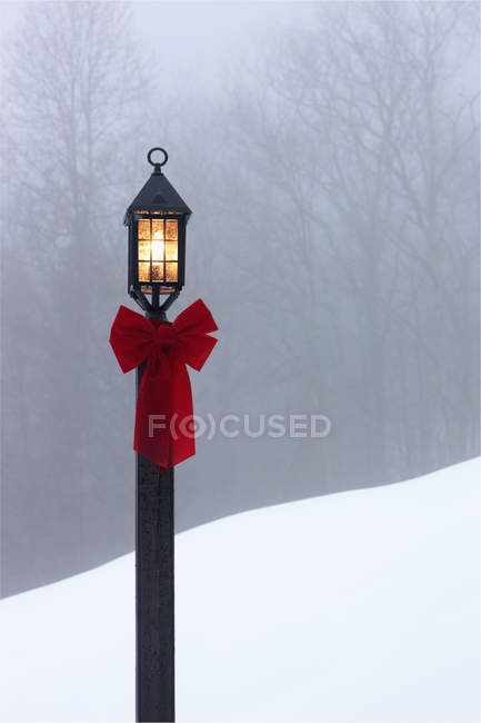Laternenpfahl mit Weihnachtsbogenschmuck bei Schneefall — Stockfoto