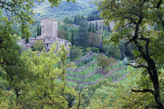 Stein bauernhaus in der nähe von montefioralle in italien, europa — Stockfoto