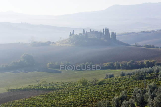 Casa rural en colinas verdes en la niebla en Italia, Europa - foto de stock