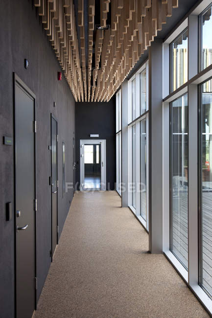 Moderno pasillo de oficinas con grandes ventanales y pared con puertas - foto de stock