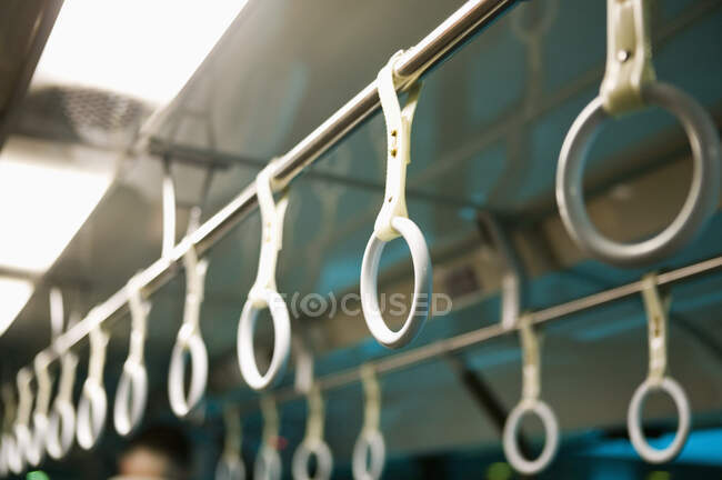 Handles on Mass Transit Vehicle, low angle view, selective focus — Stock Photo