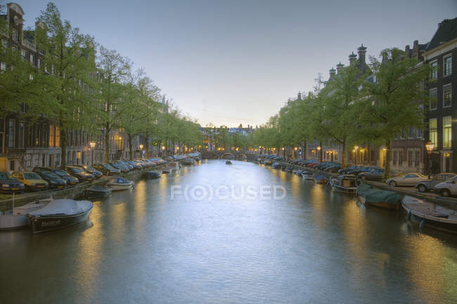 Bateaux dans le canal bordée d'arbres à Amsterdam, Pays-Bas — Photo de stock