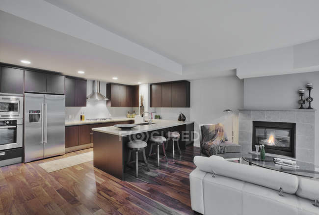 Cozinha luxuosa e sala de estar em apartamento moderno — Fotografia de Stock