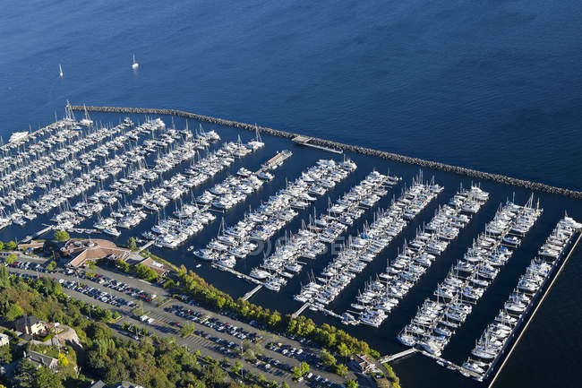 Vista aérea de yates en puerto deportivo en Seattle, Washington, EE.UU. - foto de stock