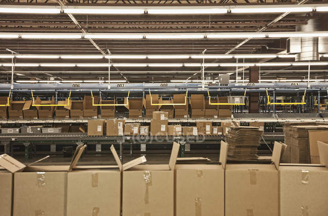 Cajas de cartón a lo largo de la línea de producción en almacén - foto de stock
