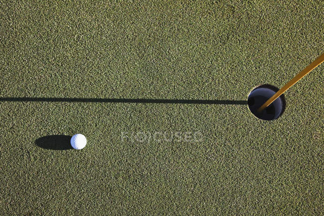 Bola de golfe branco perto da xícara em campo verde na luz solar — Fotografia de Stock