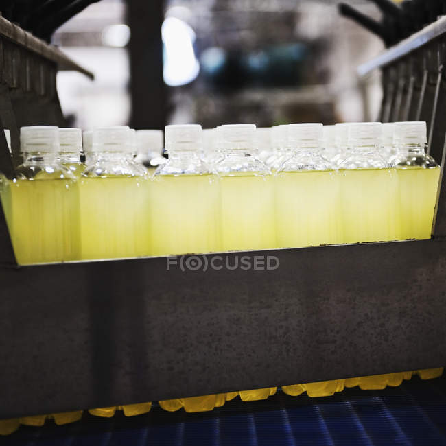 Close-up de suco em garrafas de plástico na linha de produção — Fotografia de Stock