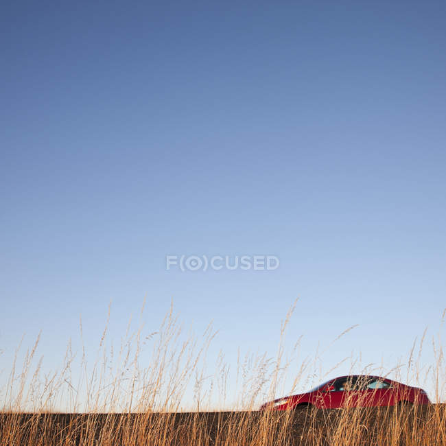 Coche rojo en el camino rural detrás de hierba de campo - foto de stock