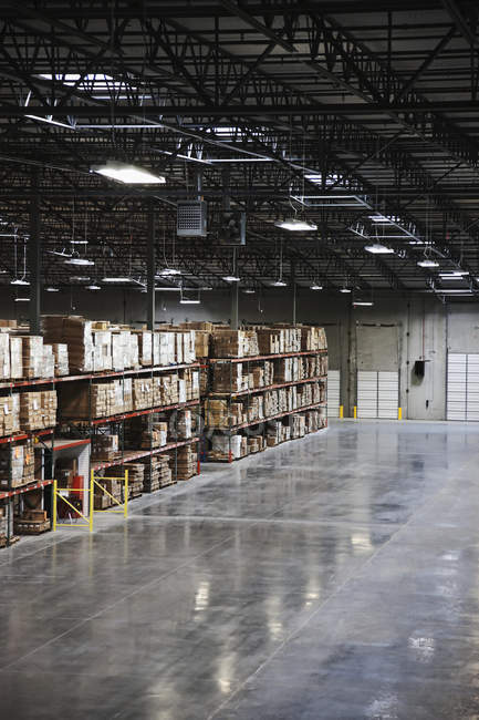 Картонные коробки на полках на складе, Самнер, Вашингтон, США — стоковое фото