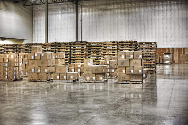 Картонные коробки и поддоны на складе, Самнер, Вашингтон, США — стоковое фото