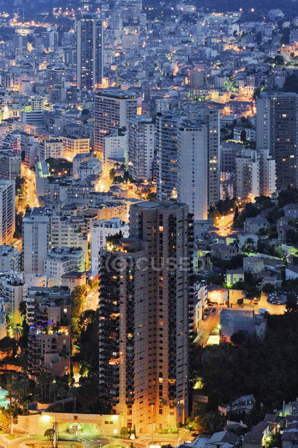 Apartment buildings at dusk in Monte Carlo, Monaco — Stock Photo