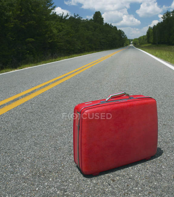 Red suitcase abandoned in road in woodland, Georgia, USA — Stock Photo