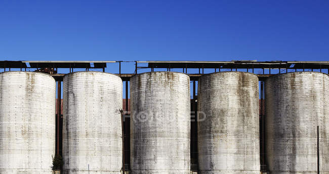 Silos de concreto em uma fileira no campo contra o céu azul, Tampa, Flórida, EUA — Fotografia de Stock