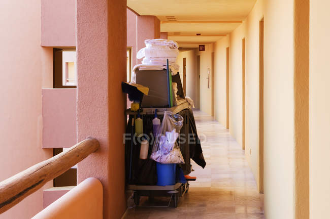 Prodotti per le pulizie in hotel walkway, San Jose Los Cabos, Baja California, Messico — Foto stock