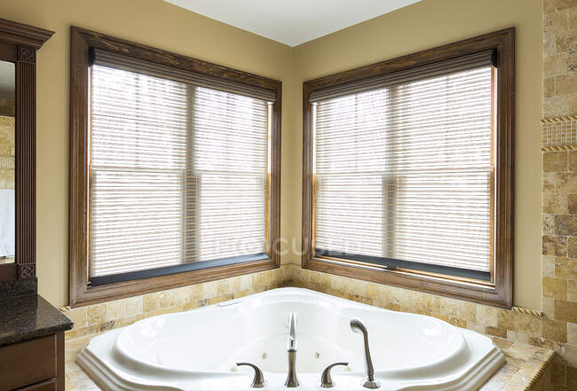 Роскошные ванны и окна в углу современной ванной комнаты — стоковое фото