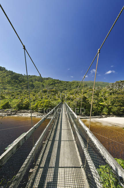 Puente colgante sobre la playa tropical con paisajes de bosques verdes, Parque Nacional Kahurangi, Nueva Zelanda - foto de stock