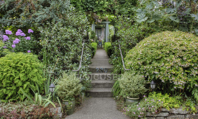 Passos no jardim exuberante em Snohomish, Washington, EUA — Fotografia de Stock