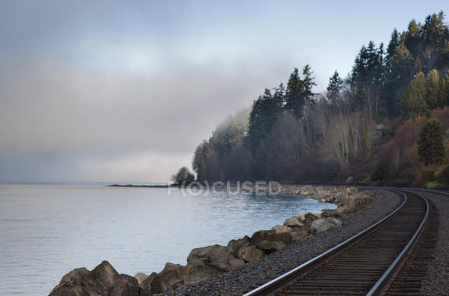 Trilhas de trem vazias em torno da baía oceânica rural em Puget Sound, Washington, EUA — Fotografia de Stock