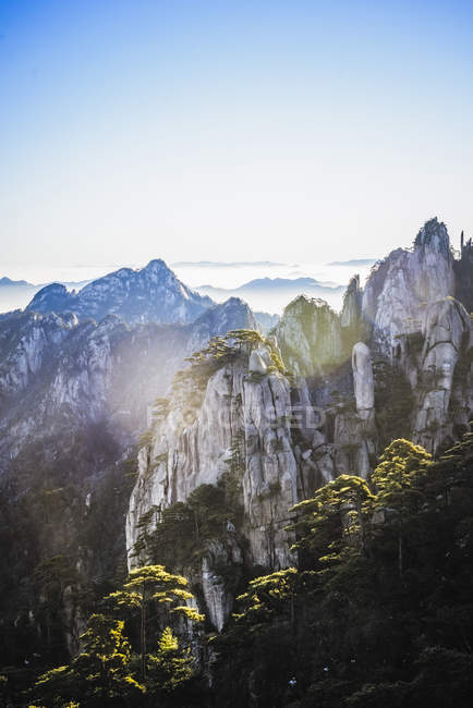 Árvores crescendo em montanhas rochosas, Huangshan, Anhui, China — Fotografia de Stock