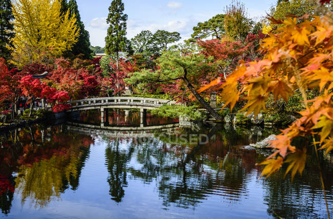 Ponte che riflette in ancora stagno in parco in sacrario di Fushimi Inari, Giappone — Foto stock