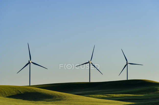 Les éoliennes dans un paysage roulant vert — Photo de stock