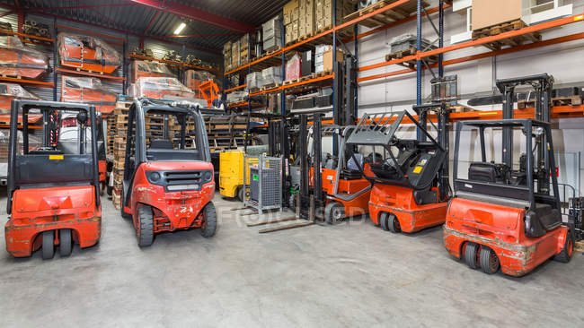 Forklift machinery parked in a row in warehouse — Stock Photo