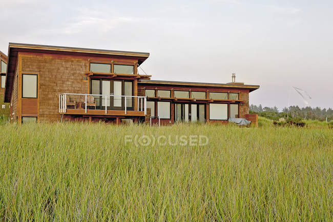 Высокая трава растет рядом с современным домом, Вестпорт, Вашингтон, США — стоковое фото