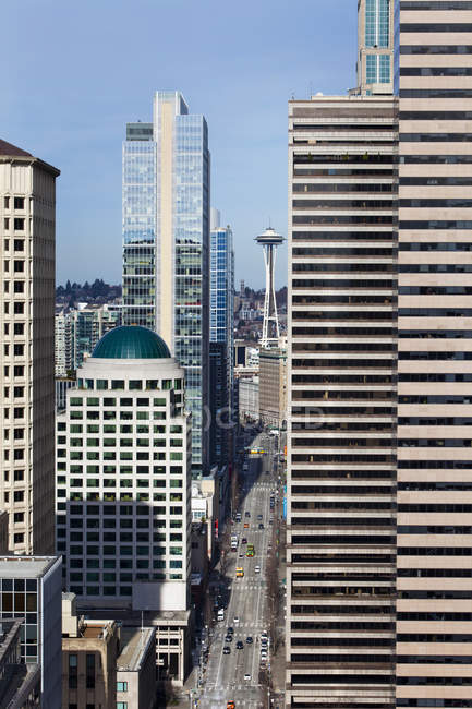 Aerial view of skyscrapers in downtown Seattle, Washington, United States — Stock Photo