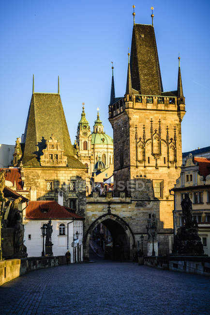 Buildings in sunset sunlight in Prague cityscape, Czech Republic — Stock Photo