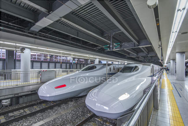 Скоростные поезда остановились на станции в Токио, Япония — стоковое фото