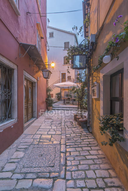 Cobblestone alleyway between village buildings, Rovinj, Croatia — Stock Photo