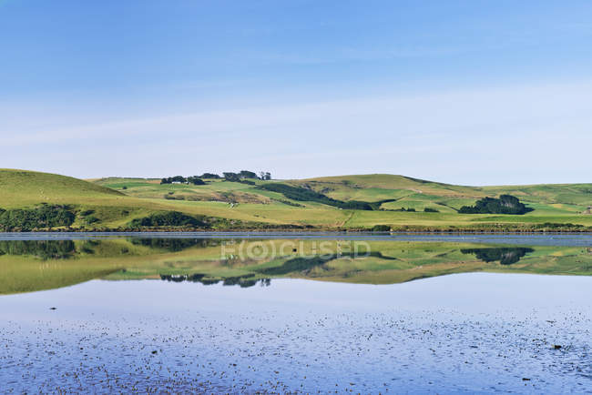 Rural hills reflecting in calm estuary, Catlins, New Zealand — Stock Photo