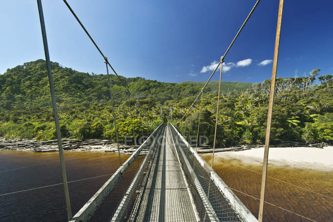 Puente colgante sobre la playa tropical, Parque Nacional Kahurangi, Nueva Zelanda - foto de stock