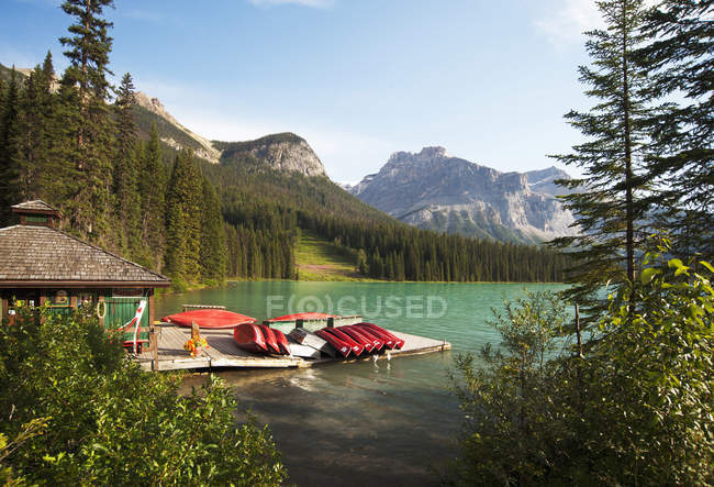 Canoe sulla banchina di legno nel lago rurale, Field, Ontario, Canada — Foto stock