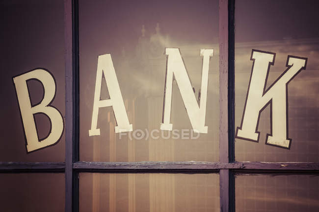 Close-up of Bank word written on window panes, South Dakota, USA — Stock Photo