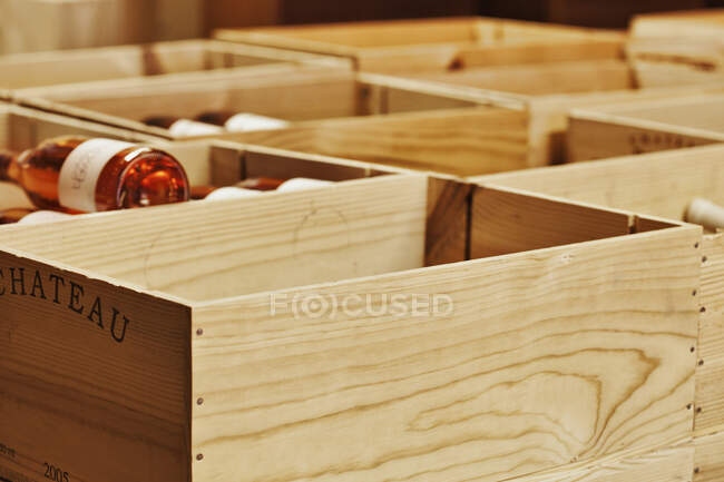 Close up of crates of wine bottles — Stock Photo