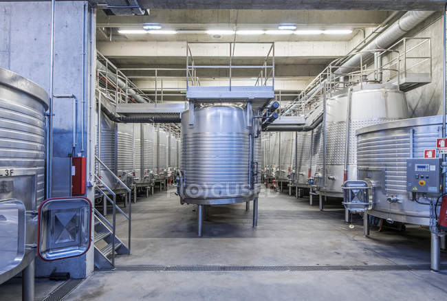 Cuves dans l'usine de transformation du vin, Peso da Regua, Vila Real, Portugal — Photo de stock