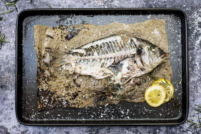 High angle view of skeleton of grilled sea bream fish on baking tray. — Stock Photo