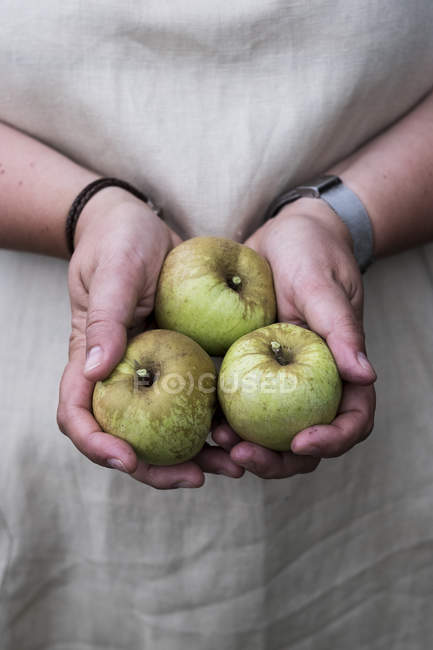 Close-up of female hands holding three green apples. — Stock Photo