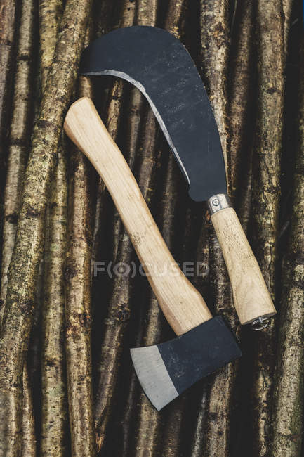 High angle close-up of axe and bill hook lying on bunch of wooden stakes used in traditional hedge building. — Stock Photo