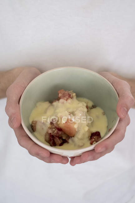Close-up of hands of woman holding bowl of freshly baked apple and blueberry crumble. — Stock Photo