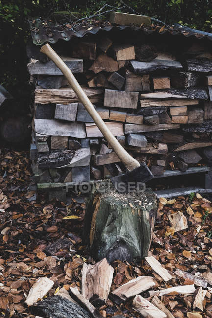 High angle close-up of axe on chopping block, scattered wood cuttings and autumn leaves. — Stock Photo